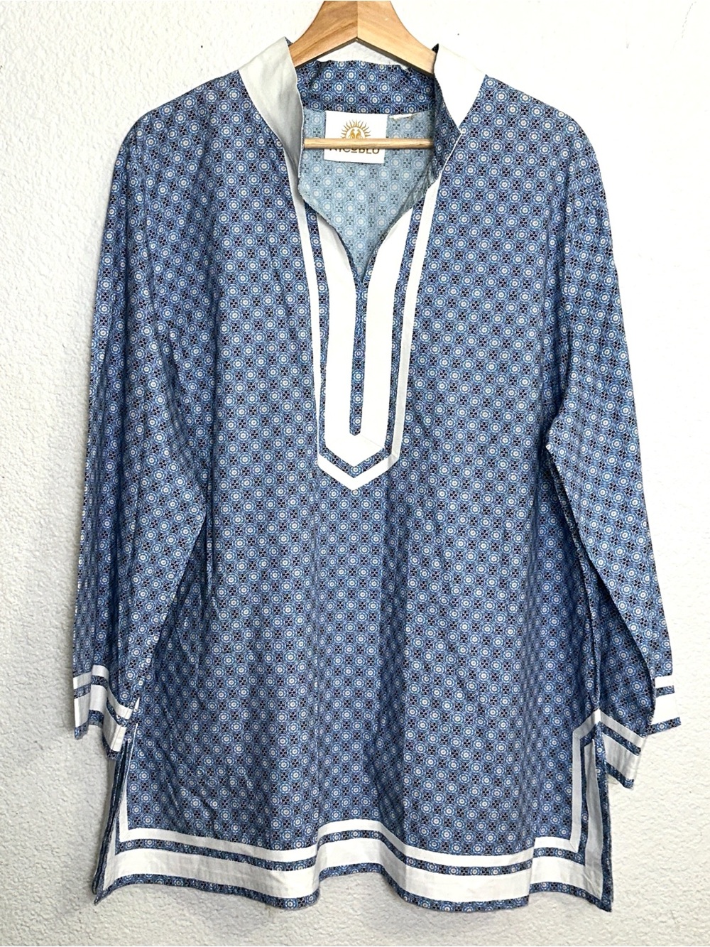 Nicoblu‎ Vietri Porcelain Print Blue Capri Tunic Top Womens Size 2X Resort Wear